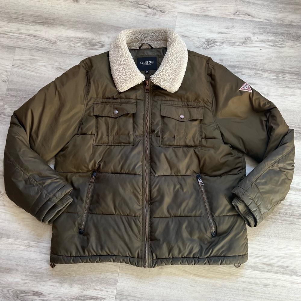 GUESS Men's Dark Green Puffer Jacket with Sherpa Collar